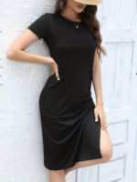 Kadın Kısa Kollu Yanı Yırtmaçlı Bisiklet Yaka Dizde Viskon Elbise - Görsel 4