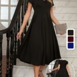 Kadın Kısa Kollu V Yakalı önden Pileli Midi Janjan Krep Elbise