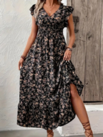 Kadın Kısa Kollu Kruvaze Yaka Beli Lastikli çiçek Desenli Elbise - Görsel 3