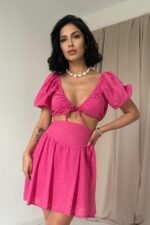 Fuşya Brode Crop Ve Mini Etek Takım - Görsel 2