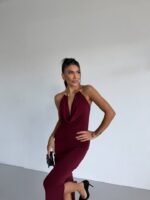 Kadın Boyun Aksesuarlı Halter Yaka Maxi Boy Sandy Kumaş Elbise - Görsel 5