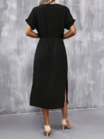 Kadın Kısa Kollu Yakası Açık Belden Bağlamalı Yırtmaçlı Viskon Elbise - Görsel 4