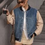 Kadın Kolları Deri Detay Bomber Kot Ceket