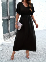 Kadın Kısa Kollu V Yakalı Beli Lastikli Uzun Viskon Elbise - Görsel 3