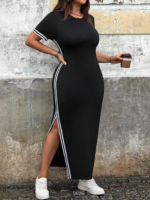 Kadın Kısa Kollu Bisiklet Yaka Yandan şerit Ve Yırtmaçlı Viskon Iki Iplik Elbise - Görsel 3