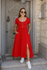 Kadın Kısa Kollu Yuvarlak Yaka önden Yırtmaçlı Cepli Viskon Uzun Elbise - Görsel 3