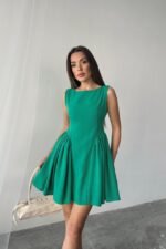 Yeşil Mini Boy Büzgülü Keten Elbise - Görsel 4