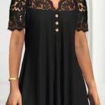 Kadın Kısa Kollu V Dantel Yakalı Düğmeli Viskon Bluz