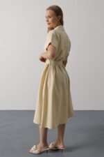 Kuşaklı Cep Detaylı Yarım Kol Elbise - Ekru - Görsel 4