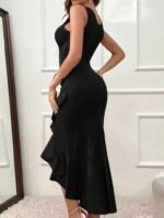 Kadın Askılı V Yakalı önden Fırfırlı Uzun Ithal Krep Elbise - Görsel 3