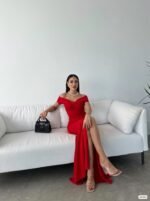 Kadın Dalgıç Kumaş Kayık Yaka Ve Dekolte Detaylı Elbise - Görsel 6