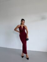 Kadın Boyun Aksesuarlı Halter Yaka Maxi Boy Sandy Kumaş Elbise - Görsel 6