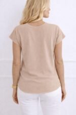 Kadın V Yaka Kısa Kol Dokuma Viskon Kumaş Bluz - Görsel 2