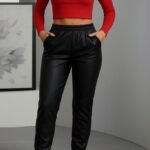 Kadın Paçası Lastikli Cep Detaylı Deri Tayt