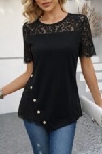 Kadın Kısa Kollu Dantel Detaylı Yandan Düğmeli Waffle Bluz - Görsel 2