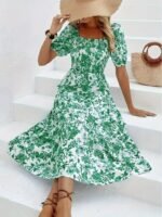 Kadın Kısa Kollu Kare Yakalı Lastikli Desenli Süprem Elbise - Görsel 3