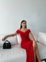 Kadın Dalgıç Kumaş Kayık Yaka Ve Dekolte Detaylı Elbise - Görsel 2