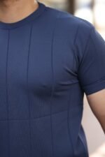 Erkek Ince çizgi Dokulu Bisiklet Yaka Kısa Kollu T-shirt - Görsel 3