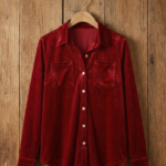 Kadın Uzun Kollu Yakalı önden Düğmeli Cep Detaylı Kadife Gömlek