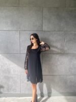 Kadın Uzun Kollu Yuvarlak Yaka Kol Ve Etek Ucu Dantelli Kısa Ithal Krep Elbise - Görsel 4