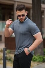 Erkek Düğme Yakalı Jakar Kumaş Kısa Kollu Tişört - Görsel 2