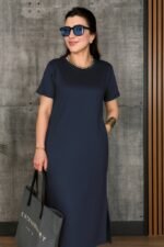 Kadın Kısa Kollu Bisiklet Yaka Yırtmaçlı Viskon Iki Iplik Elbise - Görsel 4