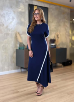 Kadın Kısa Kollu Bisiklet Yaka çift şerit Renk Detaylı Asimetrik Kesim Viskon Iki Iplik Elbise - Görsel 2