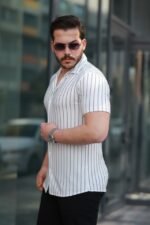 Erkek Kısa Kollu Gri çizgi Desenli örme Kumaş Pamuklu Gömlek - Görsel 2