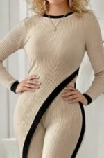 Kadın Uzun Kollu Bisiklet Yaka Asimetrik Kesim Bluz şardonlu Kaşkorse Bluz Ve Pantolon Ikili Takım - Görsel 3