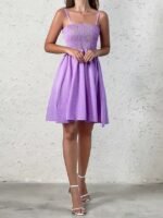 Kadın Ip Askılı Gipeli Desenli Kısa Süprem Elbise - Görsel 4