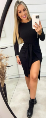 Kadın Uzun Kollu Bisiklet Yaka Kuşaklı Kruvaze Yırtmaç Detay Viskon Elbise - Görsel 3