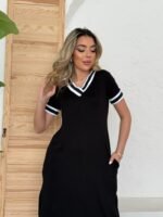 Kadın Kısa Kollu V Yaka Kol Ve Yaka Ribana Detay Midi Boy Viskon Elbise - Görsel 4