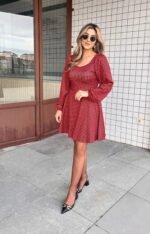 Kadın Uzun Kollu Kare Kalp Yakalı Mini Modal Elbise - Görsel 3