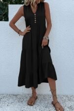 Kadın Askılı V Yakalı önden Düğmeli Midi Viskon Elbise - Görsel 4