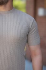 Erkek Bisiklet Yaka örgü Desenli Kısa örme Triko Kısa Kollu T-shirt - Görsel 3