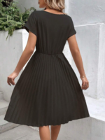 Kadın Kısa Kollu Yakası Açık Belden Lastikli Pileli Kısa Ithal Krep Elbise - Görsel 4