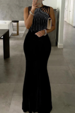 Kadın Omuz çoklu Askılı önü Taş Işlemeli Balık Kesim Janjan Krep Maxi Boy Elbise - Görsel 3