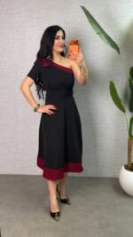 Kadın Tek Omuz Fiyonk Detaylı Midi Boy Elbise - Görsel 2