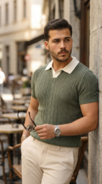 Erkek Desenli Kısa Kollu Triko Tişört - %100 Pamuk Akrilik