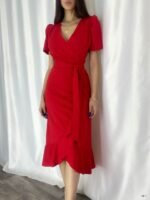 Kadın Kruvaze Yaka Midi Boy Kuşaklı Krep Elbise 120 Cm - Görsel 7