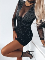 Kadın Uzun Kollu Yuvarlak Yaka Dekolteli Taşlı Dalgıç Elbise - Görsel 3