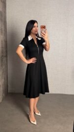 Kadın Polo Yaka Fermuar Detaylı Modal Midi Elbise - Görsel 5