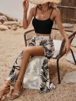 Kadın Ip Askılı Yuvarlak Yaka Kısa Viskon Bluz Ve Desenli Yırtmaçlı Süprem Etek Ikili Takım