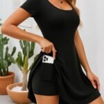 Kadın Kısa Kollu Kare Yaka Short Detaylı Cepli Dalgıç Elbise