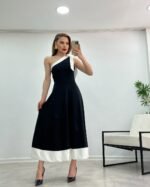 Kadın Tek Omuzu Açık Omuzlardan Kurdela Detaylı çift Renkli Ithal Krep Elbise - Görsel 6