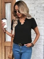 Kadın Kısa Kollu Lazer V Yakalı Ithal Krep Bluz - Görsel 4