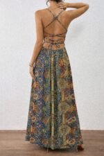 Kadın Ip Askılı Arkadan çapraz Kesim Detaylı Uzun Desenli Süprem Elbise - Görsel 4