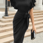 Kadın Kısa Fırfır Kollu Yakası Açık Belden Kuşaklı çapraz Kesim Detaylı Ithal Krep Elbise