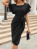 Kadın Kısa Fırfır Kollu Yakası Açık Belden Kuşaklı çapraz Kesim Detaylı Ithal Krep Elbise