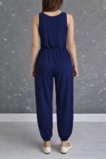 Kadın Askılı Yuvarlak Yakalı Cepli Viskon Tulum - Görsel 4